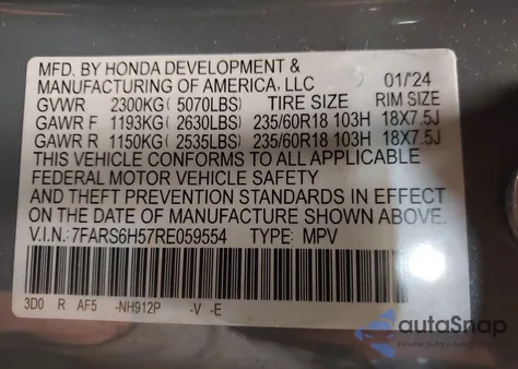 2024 Honda Cr-V Hybrid Sport from USA, damaged, VIN 7FARS6H57RE059554